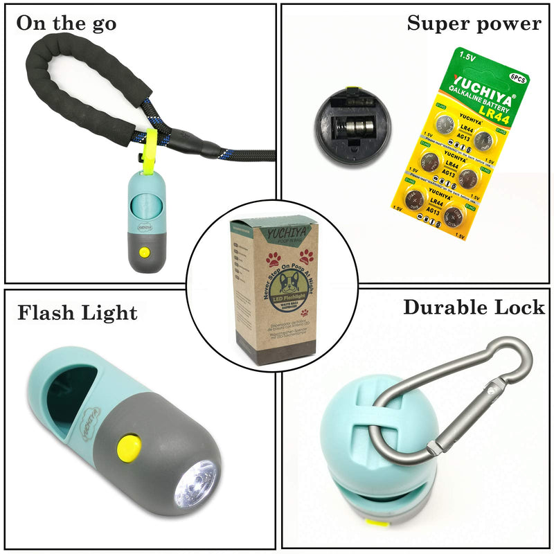 [Australia] - YUCHIYA Dog Poop Pickup Bags Holder with LED Flashlight|Pet Waste Bags Dispenser for Lead Leash|Diaper Bags Distributor for Cradle Car|Carabiner Fastener Elastic Rope LR44 Button Cells Included Crystal Blue 