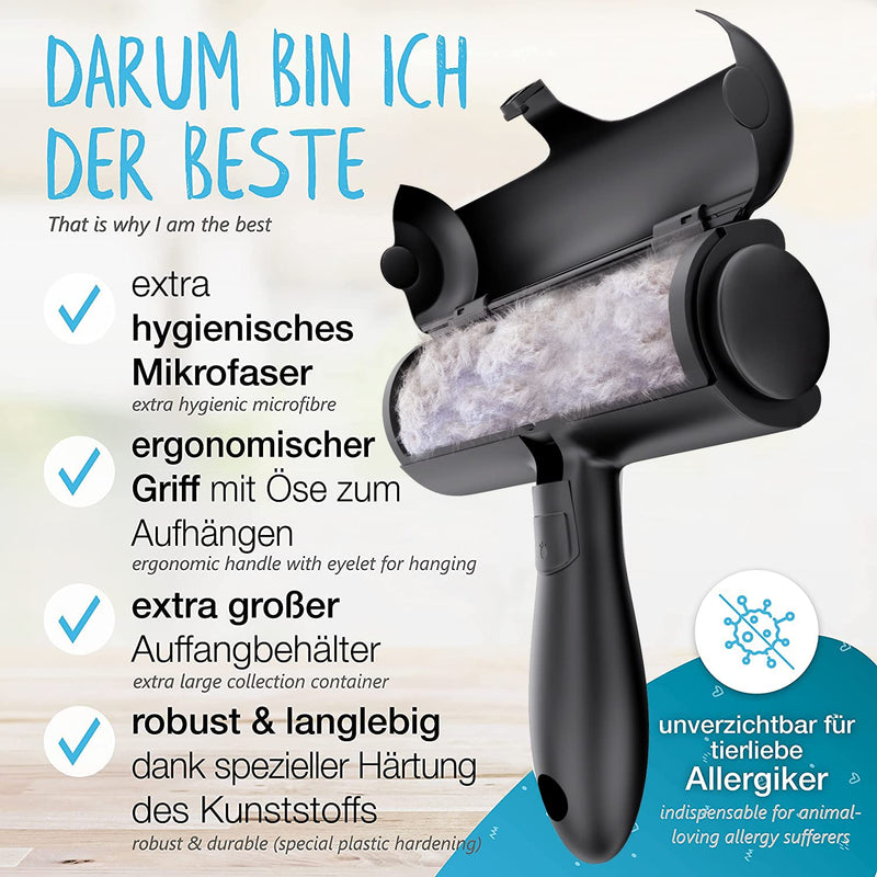 LÖWENKÖNIG® Rolli 2.0 [Improved animal hair remover large] Lint roller for removing dog and cat hair - Self-cleaning cat hair remover - Ideal for sofa, car, clothing, scratching post Bestseller: Black Incl. accessories - PawsPlanet Australia