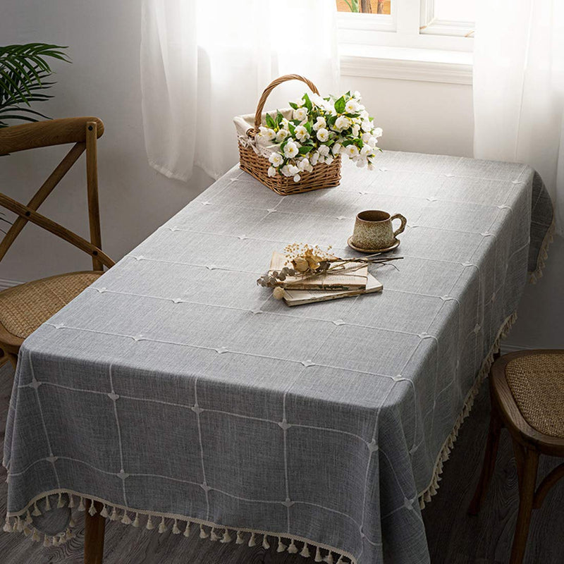 BUBIQUER Stitching Tassel Tablecloth, Cotton Linen Fabric Wrinkle Free Anti-Fading Dust-Proof Washable Tabletop Decoration for Kitchen Party (Checked, 55 x 55 inch Round) Grey 55 in Round - PawsPlanet Australia