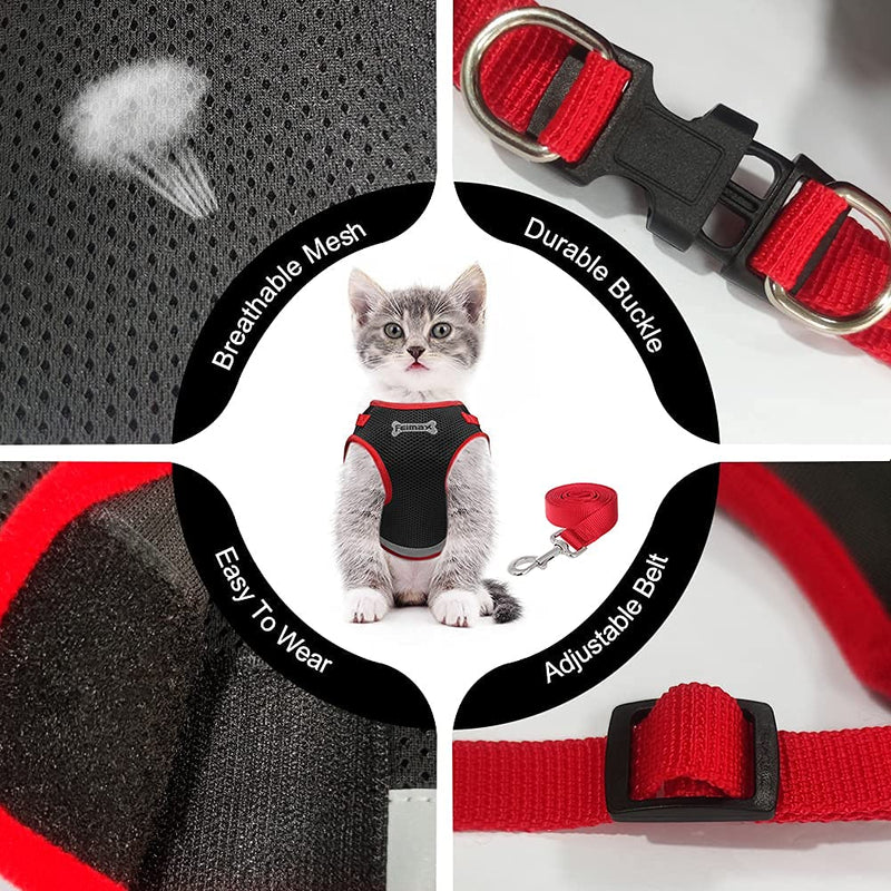 FEimaX Escape Proof Cat Harness and Leash Set Adjustable Soft Mesh Kitten Vest with Reflective Strips for Extra Small Cats Step-in Harnesses for Outdoor Walking Black XS (Chest Girth: 8'' - 9'') - PawsPlanet Australia