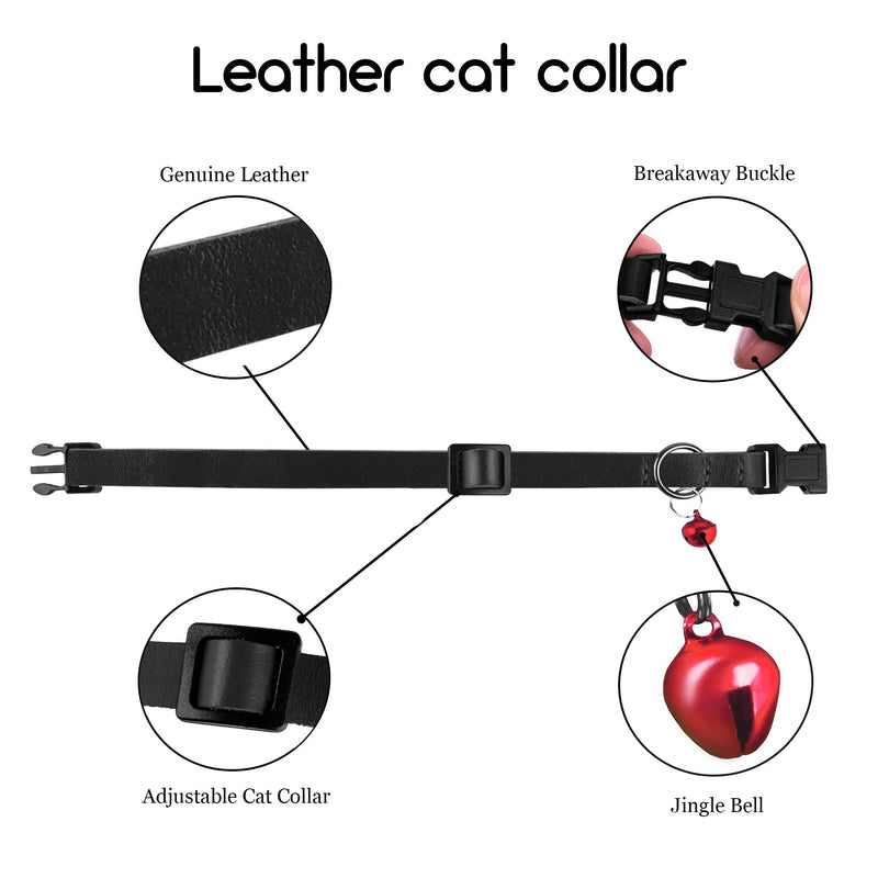 Murom Leather Cat Collar Breakaway Adjustable Girl Boy Pet Collars for Cats Kitten Black Pink Green Brown Yellow Red White (Black) - PawsPlanet Australia