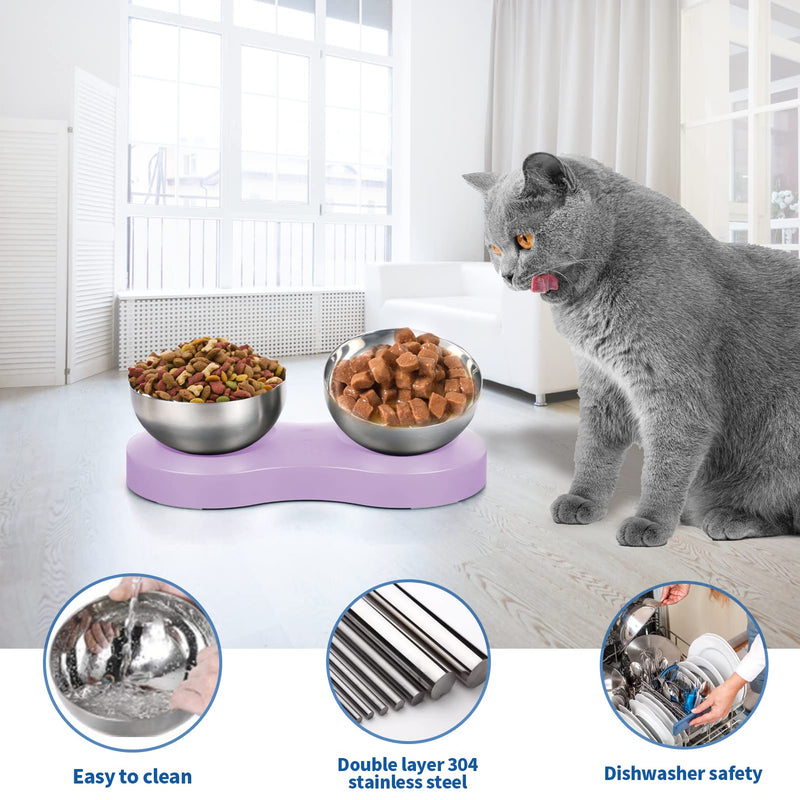 Elevated Cat Bowls Small Size Dog: Stainless Steel Raised Cat Bowl with Stand, 20° Tilted Feeding Station Anti Vomiting, Easy to Clean for Puppy & Kitten Lilac - PawsPlanet Australia