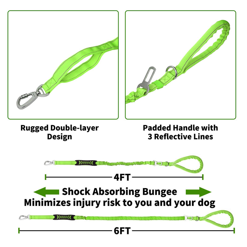 Bungee Dog Lead Shock Absorbing Strong Dog Leash with Car Seat Belt,Two Padded Handle No Pull Reflective Traffic Control,Pet Elastic Rope for Small Medium Large Dogs Green - PawsPlanet Australia