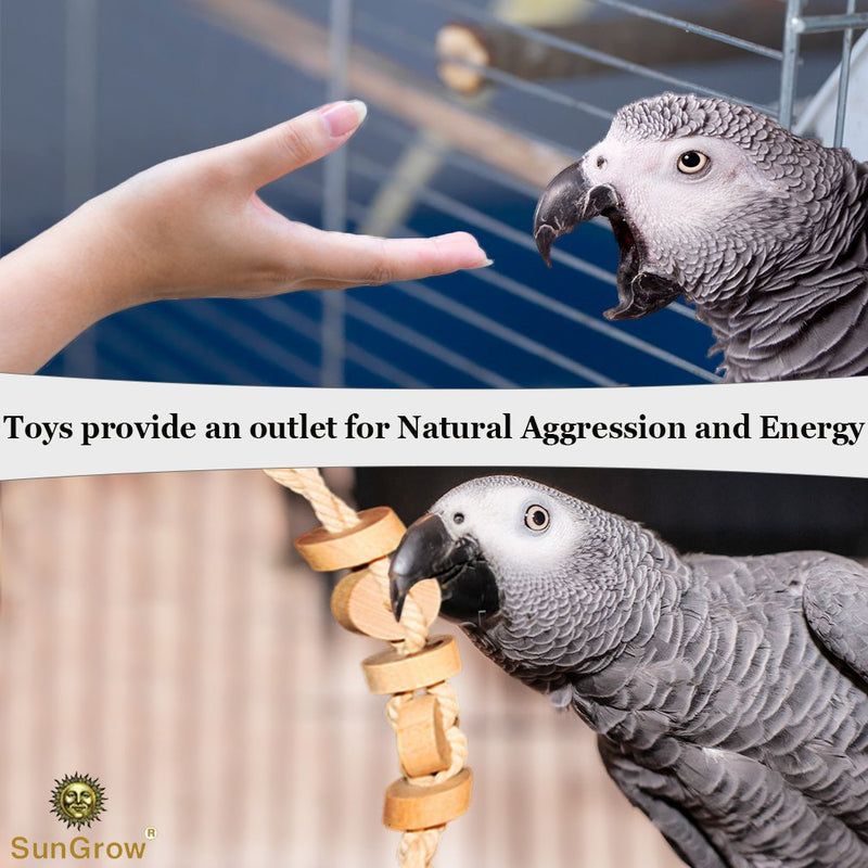 [Australia] - SunGrow Parakeet Wooden Chew Toy, 12 Inches Hanging Wood Cookies for Pecking and Chewing, Natural Pithy Wood Blocks and Safe Cotton Rope, Great for Parrots, Macaws, African Greys & Conures, 1 Pack 