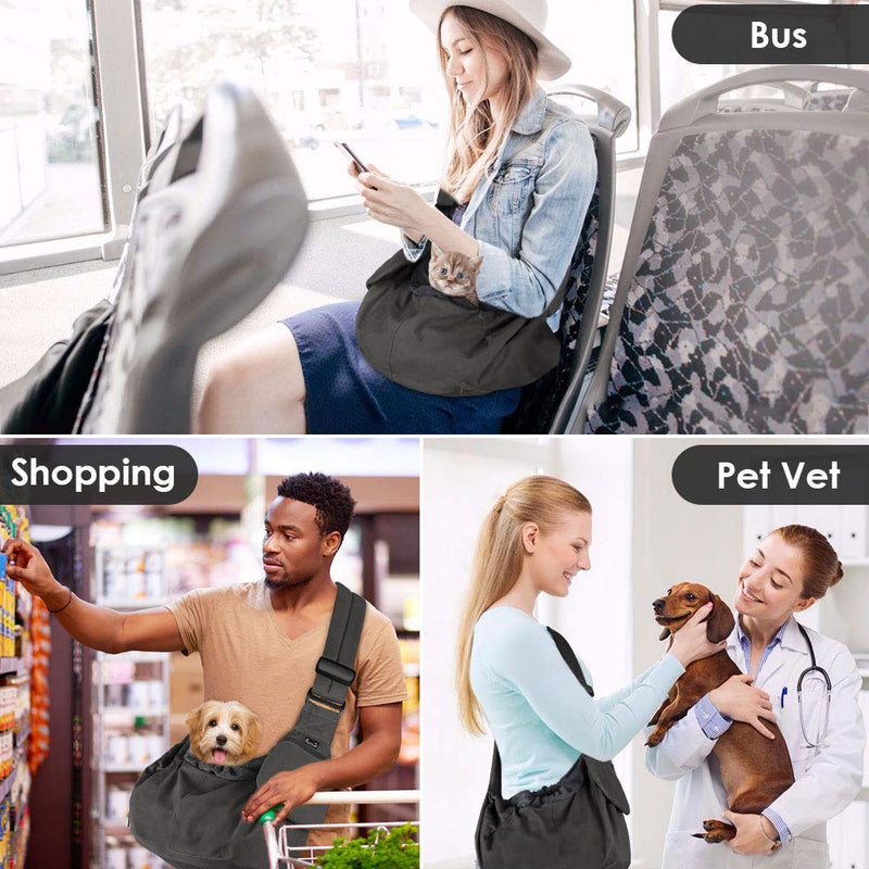 [Australia] - SlowTon Pet Sling Carrier, Comfortable Hard Bottom Support Small Dog Papoose Sling Adjustable Padded Shoulder Strap Hand Free Puppy Cat Carry Bag with Drawstring Opening Zipper Pocket Safety Belt For Pets Up to 9 lbs Grey 