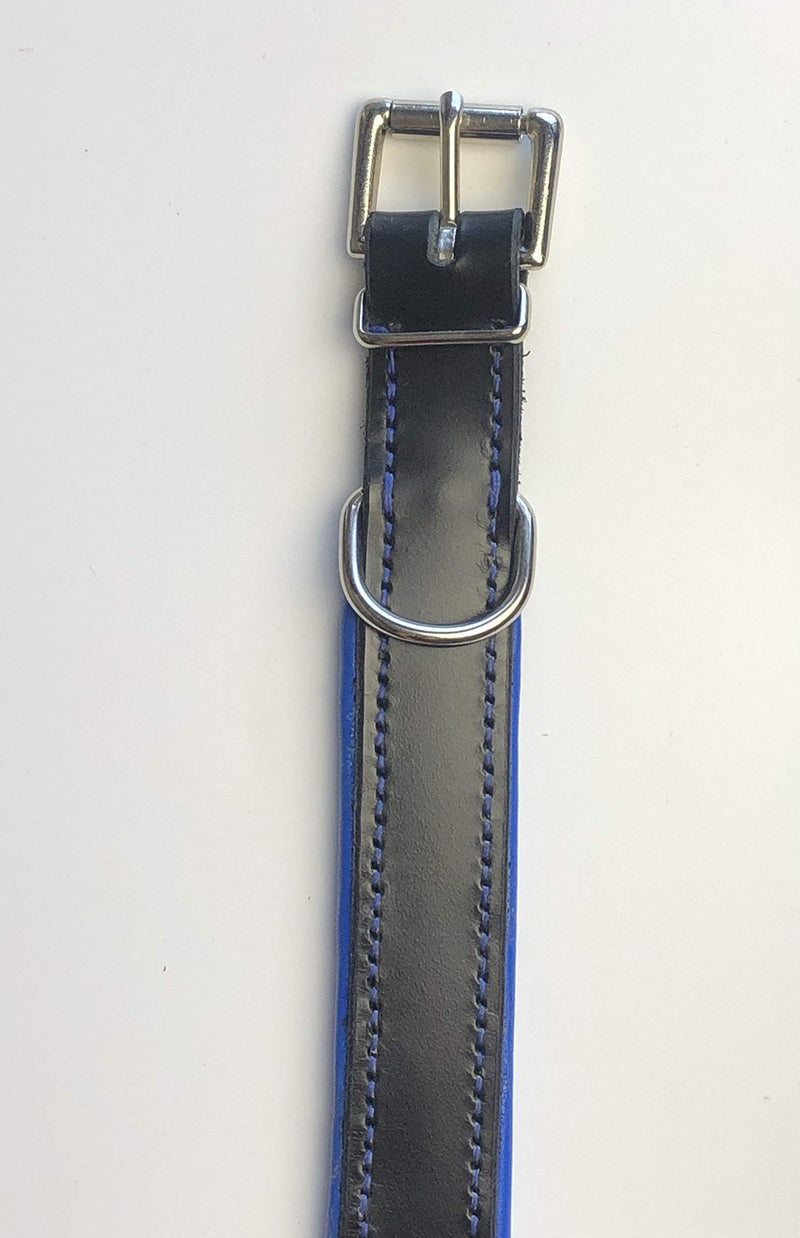 KLASSY K9 SEDGWICK BRIDLE LEATHER PADDED DOG COLLAR IN BLACK WITH BLUE LEATHER PADDING LARGE 19”-23” 48CM-58CM WITH CHROME ACCESSORIES - PawsPlanet Australia