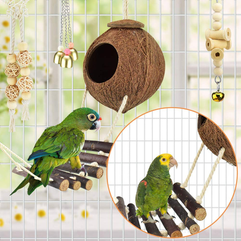 KATUMO Bird Toys, Natural Wood Coconut Bird House with Ladder Hanging Swing Pet Climbing Rotated Ladder Chewing Bells Bird Toys for Parakeet, Conure, Cockatiel, Mynah, Love Birds, Finch - PawsPlanet Australia