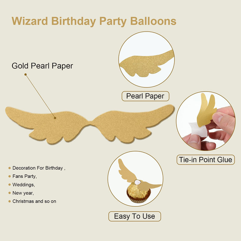 Zonon 48 Pieces Wizard Party Chocolate Decoration Gold Wings Decor Halloween Wings Decoration Chocolate Cake Wings Wafer Cupcake Toppers for Birthday Wizard Fans Party Supplies - PawsPlanet Australia