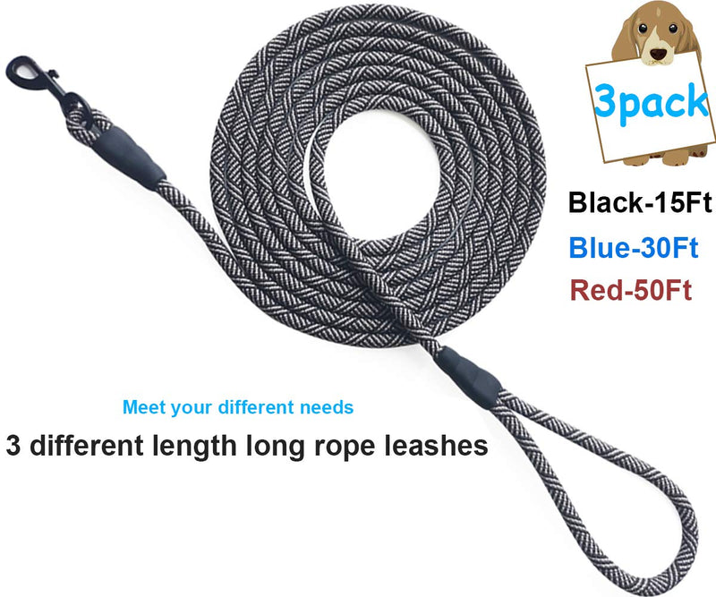 Mycicy 3 Pack Shepherd K9 Tactical Dog Training Long Rope Leash, Multifunctional No Tangle Outdoor Threads Line Dog Lead Leash, Playing, Camping or Yard (15ft+30ft+50ft) 15ft+30ft+50ft black+red+blue - PawsPlanet Australia