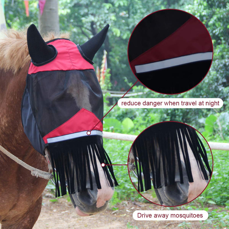 Luxiv Horse Fly Mask with Ears, Fly Mask with Nose Fringe for Horse Breathable Mesh Horse Fly Mask with Ears and Nose Fringe Red and Black - PawsPlanet Australia