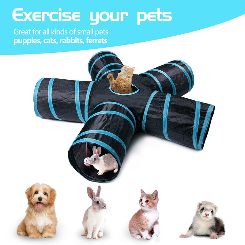 Sheldamy Cat Tunnel, 5-Way Collapsible Cat Tunnel with Peek Hole and Play Ball, Cat Tunnels for Indoor Cats, Puppy, Kitty, Kitten, Rabbit Black & Blue - PawsPlanet Australia