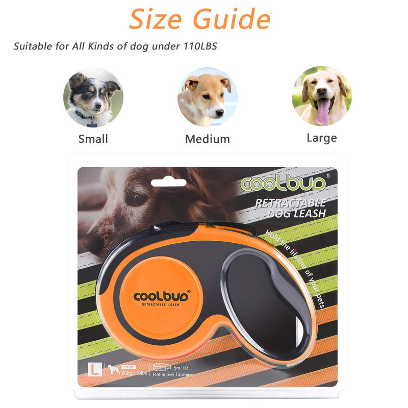 G.C Retractable Dog Lead Extendable Long Heavy Duty Strong Dog Leash for Large Dogs Up to 110lbs, 16ft Strong Reflective Nylon Tape, 360° Tangle-Free, One-Handed Brake, Pause, Lock Orange - PawsPlanet Australia
