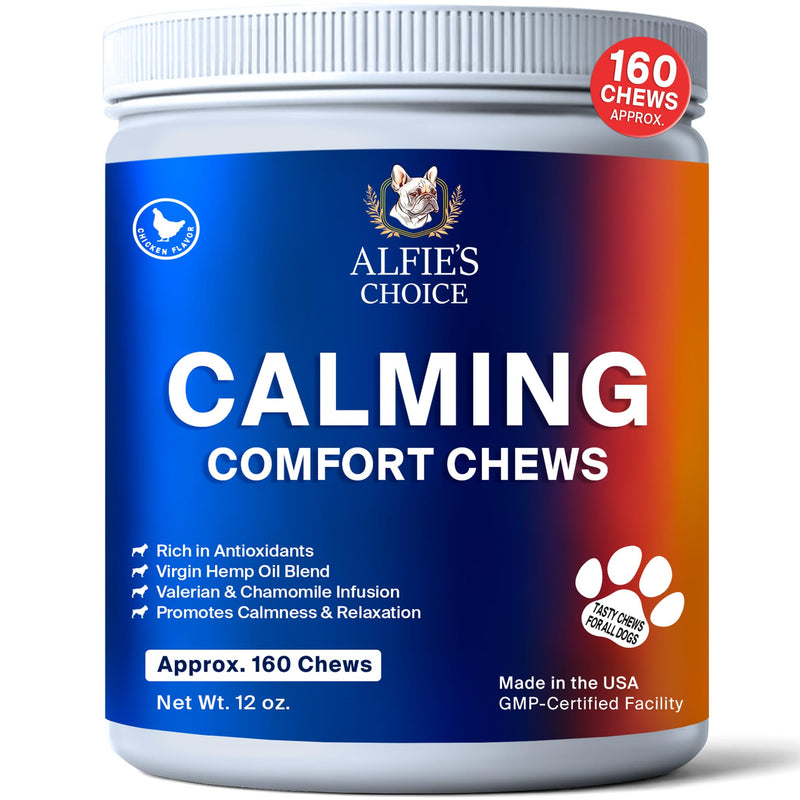 ALFIE'S CHOICE Calming Chews for Dogs - Anxiety Relief, Stress & Separation Support with Hemp, Valerian, Passion Flower, and Chamomile - Chicken Flavor Soft Chews for Dogs - 12 oz, Appx 160 Count - PawsPlanet Australia