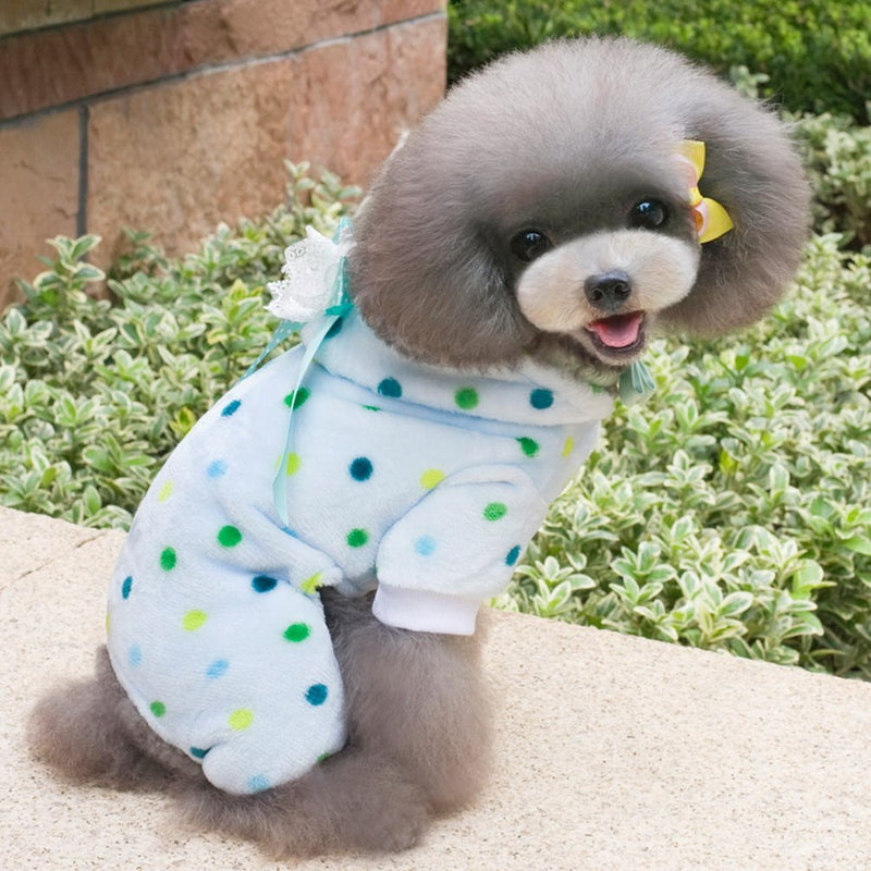 Ranphy Cute Small Dog Fleece Pajamas Dots Puppy Outfits Hoodies Soft Cozy Pjs Four-Leg Pet Jumpsuit Lovely Chihuahua Clothes M(Back:9.5";Chest:14.5"; 4.4-6.6 lbs) Blue - PawsPlanet Australia