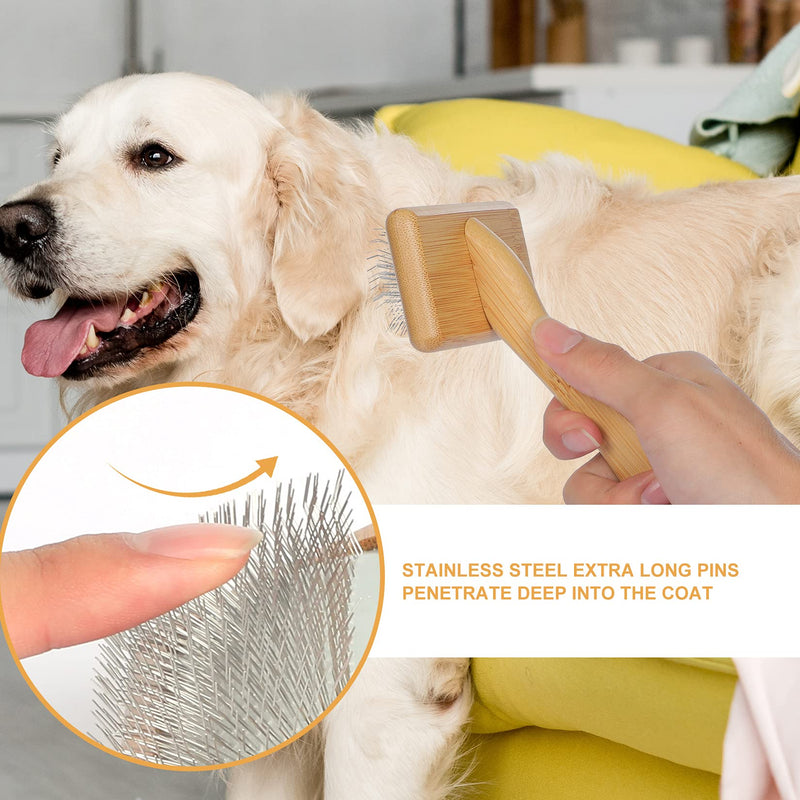 Dog & Cat brush, Pet Slicker Brush with Bamboo Handle for Long Hair & Short Hair Elegant Grooming Comb for Removing Shedding, Tangles and Dirt - PawsPlanet Australia