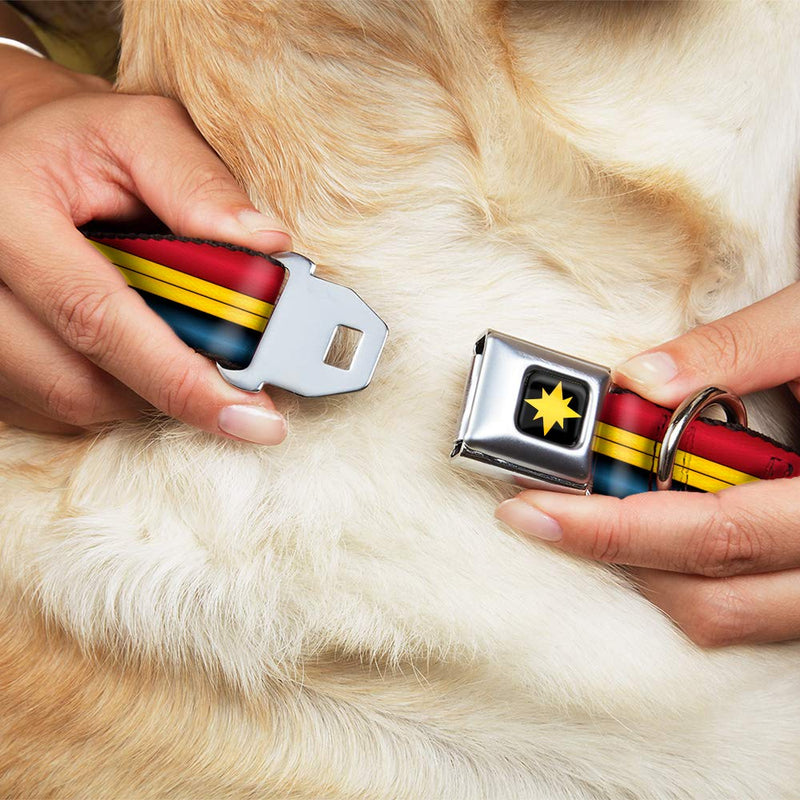 [Australia] - Dog Collar Seatbelt Buckle Captain Marvel Stripe Red Gold Blue 1" Wide - Fits 11-17" Neck - Medium 
