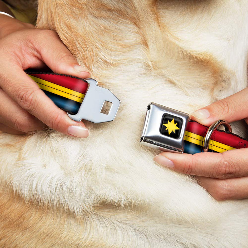 Dog Collar Seatbelt Buckle Captain Marvel Stripe Red Gold Blue 1.5" Wide - Fits 18-32" Neck - Large - PawsPlanet Australia