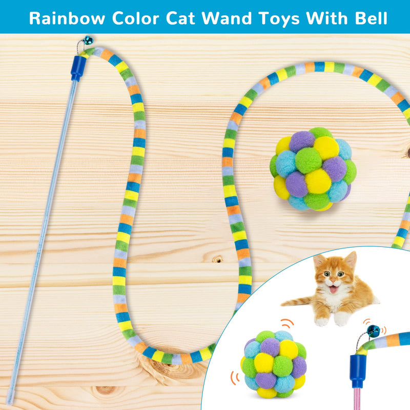 Cat Toys, Cat Wand Teaser Toys Cat Fuzzy Balls with Bell Inside and Cat Springs, Interactive Cat Toys for Indoor Cats Kittens Kitty, 3 Pack Rainbow-Green - PawsPlanet Australia