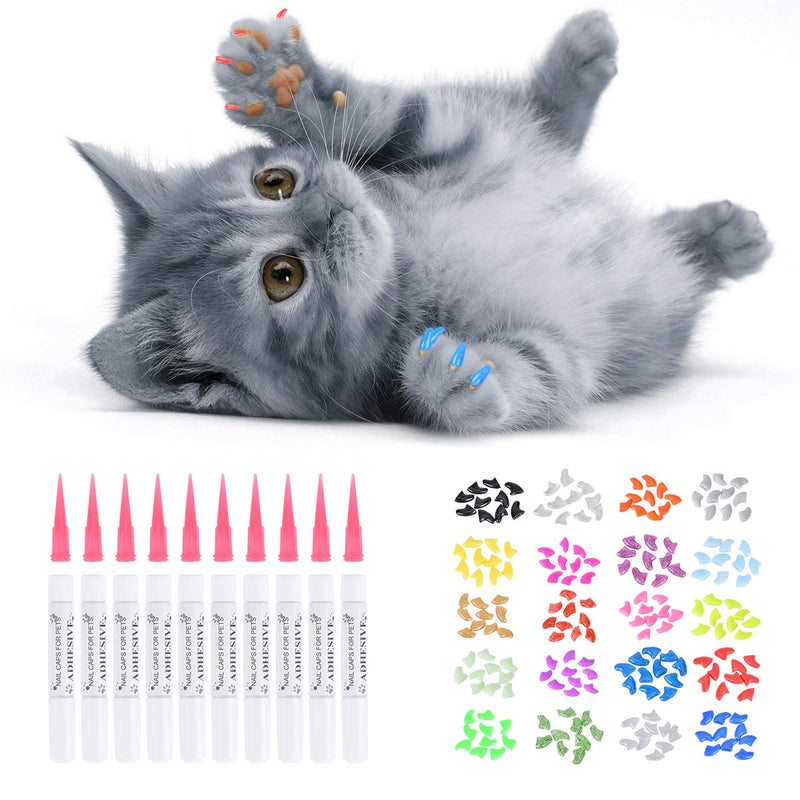 Queta Cat claw protection and nail clipper, 200 cat nail covers in 20 colors (20 capsules/pack) with glue. With black cat nail clipper. - PawsPlanet Australia