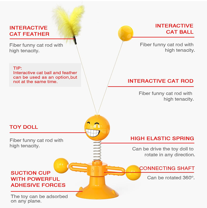 YINOR Rotating Windmill Interactive Cat Toy,with Cat Toys Wand & Suction Cup,Interactive Feather Cat Toys for Kitten,Playing Indoor & Outdoor. Orange - PawsPlanet Australia