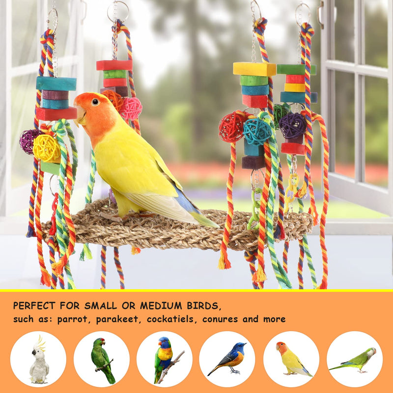 AFUOWER Bird Toys, Bird Foraging Wall Toy, Parrot Chewing Toys Seagrass Woven Hammock Swing Mat Toys with Colorful Ropes Wooden Blocks for Parakeets, Lovebirds, Cockatiels, Conures (Hammock Swing) - PawsPlanet Australia