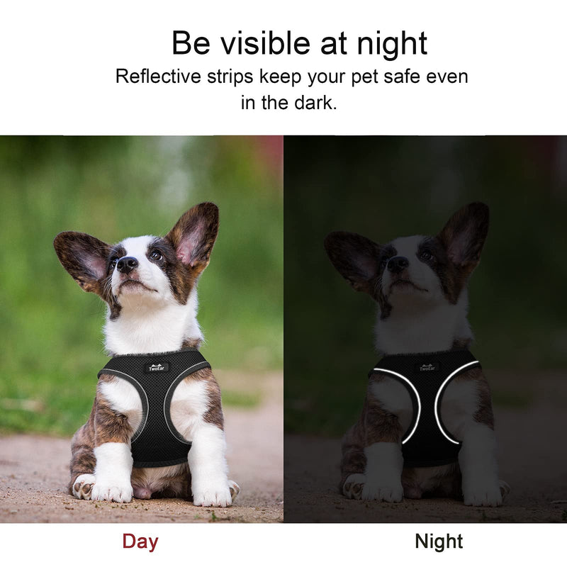 TwoEar Dog Vest Harness Reflective, No-Pull Pet Harness Easy Control with Breathable Mesh, Soft Puppy Step-in Harness No-Choke for Outdoor Walking, Training for Small Dogs XXXS(Neck:10.2-11.4"/Chest:11.4-12.6") Black - PawsPlanet Australia