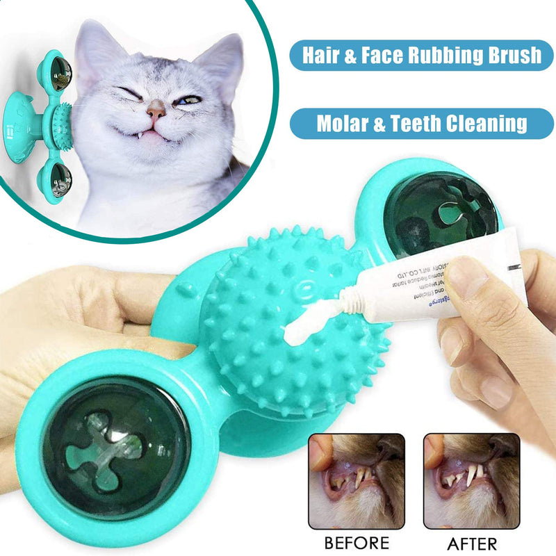 FURUISEN Windmill Cat Toys, Turntable Interactive Cat Toy with Suction Cup Brush for Cat Tooth Cleaning Scratching,Wall Mount Cat Spinner with Rotatable Toy ball Turquoise Blue - PawsPlanet Australia