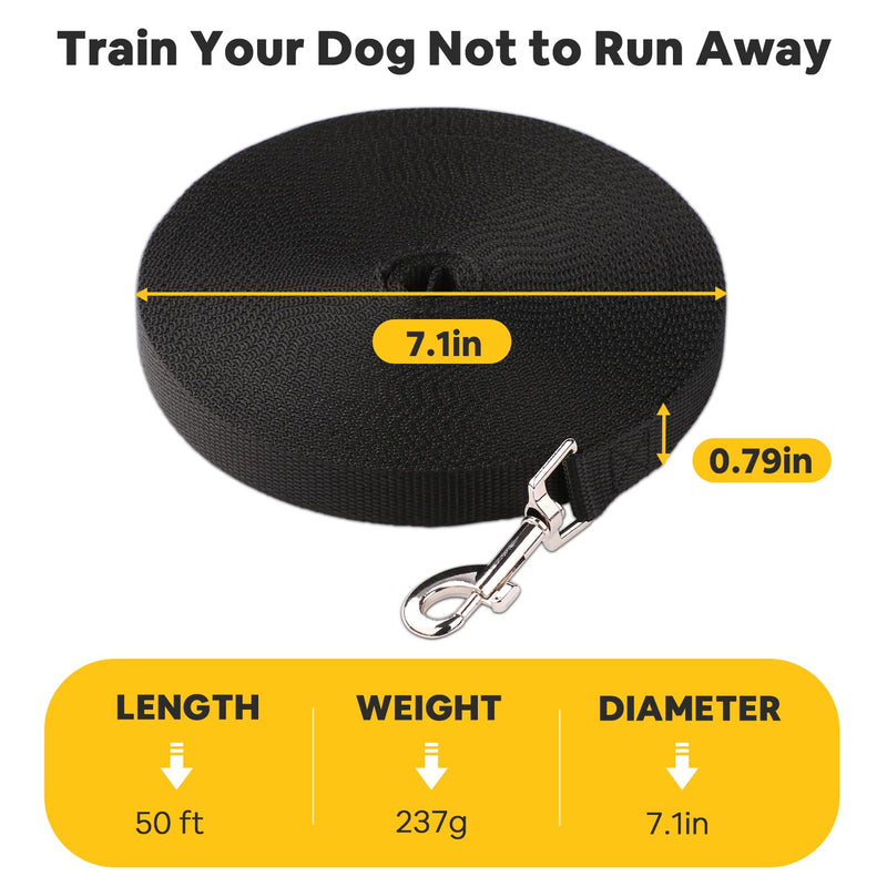 Petbobi 50ft 100ft Dog Training Leash for Obedience Recall Training, Long Leash for Dogs Outside with 360° Tangle Free and Nylon, Long Dog Leash for Playing & Camping, Hiking and Swimming, Black 50FT/Black - PawsPlanet Australia