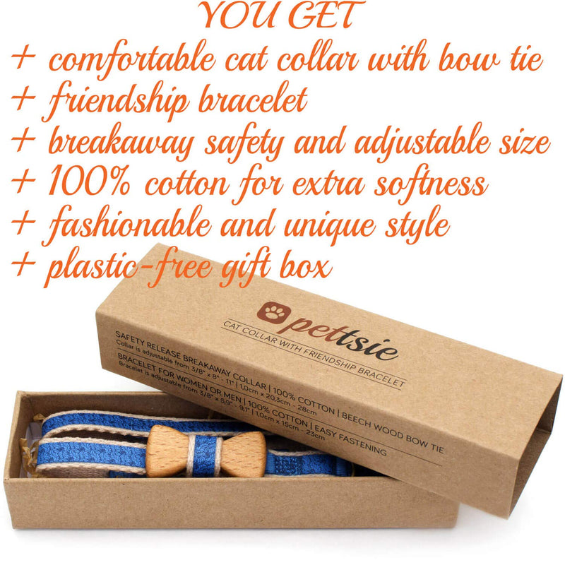 [Australia] - Pettsie Breakaway Cat Collar Bowtie and Friendship Bracelet, Gift Box Included, Durable 100% Cotton, D-Ring for Accessories, Light Weight, Comfortable, Soft, Adjustable Size 8-11 Inch Blue 
