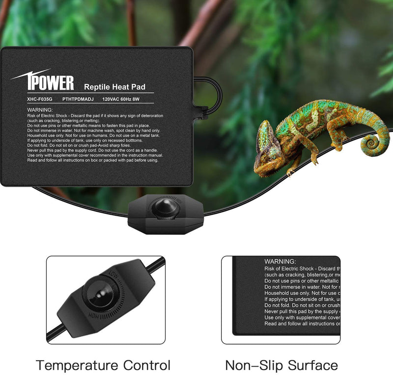 iPower Reptile Heat Mat Under Tank Warmer 4W/8W/16W/24W Terrarium Heater Heating Pad with Temperature Adjustable Controller Knob, Digital Thermometer and Hygrometerf or Amphibian, Multi Sizes 6 X 8 In Pad +Thermo &Hygro meter - PawsPlanet Australia