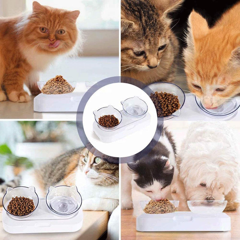 Double Cat Bowl with Raised Stand, Cat Bowl Pet Food Feeder,15° Tilted Anti-Slip Transparent Cat Food and Water Bowl, Protect Pets Cervical Vertebra, Detachable Pet Bowl for Cats and Dogs - PawsPlanet Australia