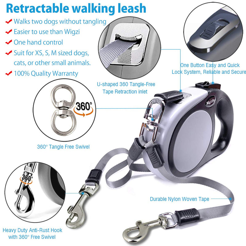 Double Retractable Dog Leash for Two Dogs Up to 50 lbs Per Dog - 16 ft - Coupler Dog Leashes for Small Medium Dogs - One Locked System, Non Slip Grip, Tangle Free (for Two Dogs, Grey) With 2 Nylon Tapes - PawsPlanet Australia