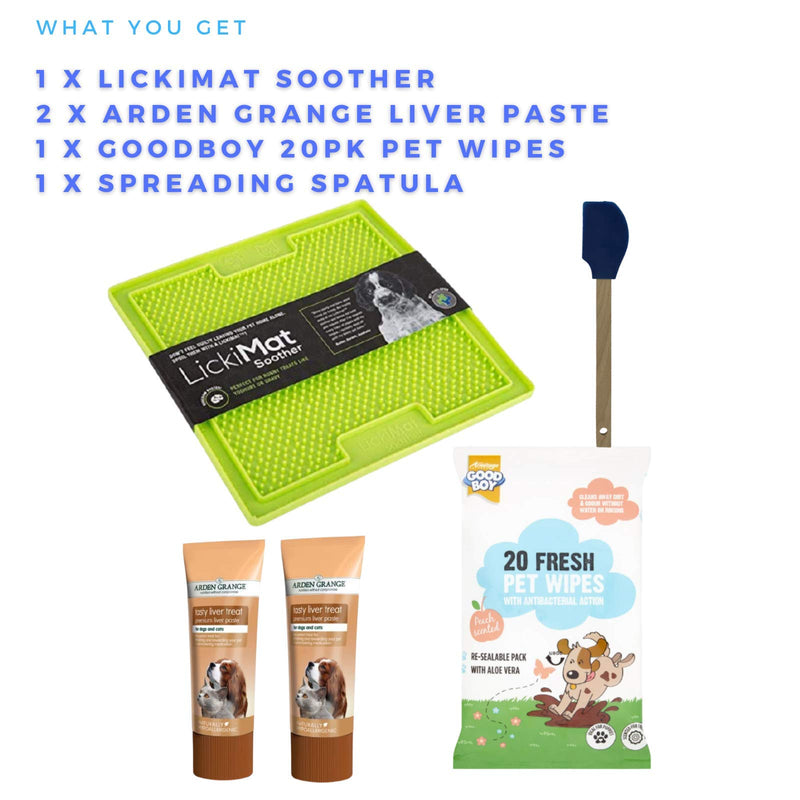 LickiMat Soother Lick Mat for Dogs 2 x Arden Grange Liver Paste 75g Goodboy Pet Wipes Bundled with Generic Spreading Spatula - PawsPlanet Australia