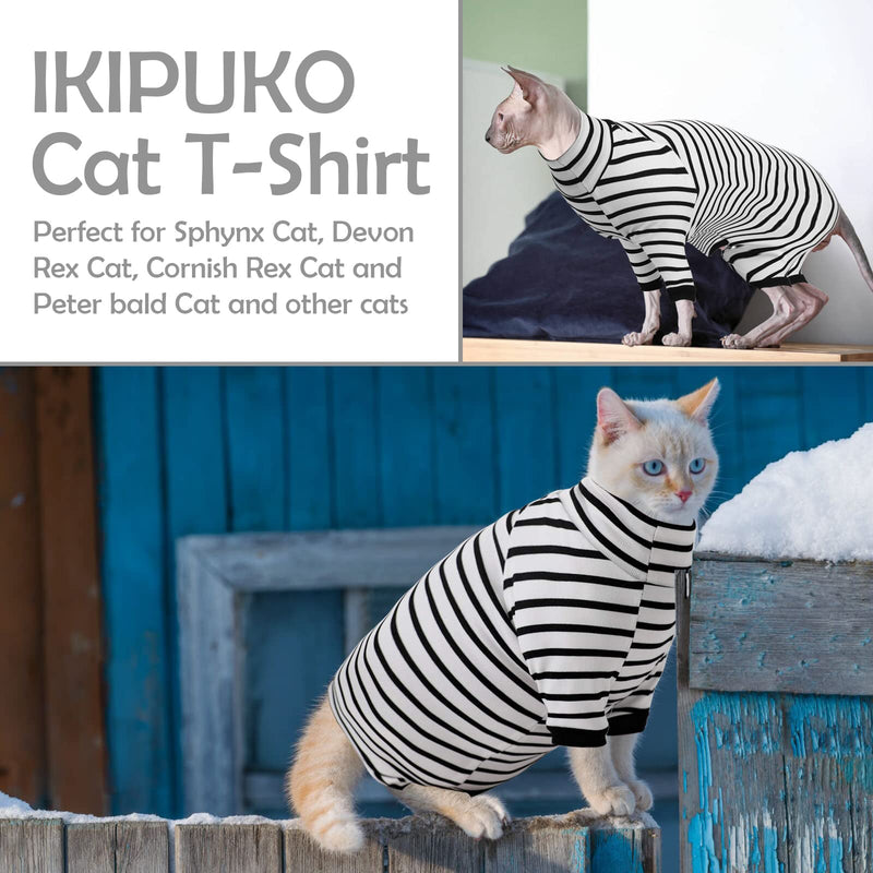 IKIPUKO Sphynx Cat Clothing, Pure Cotton Turtleneck Knitwear, Stripes Thin Bottoming T-Shirt for Spring Summer Autumn, Soft Knit Sweater Coat for Hairless Cat Small Dog Puppy XS - PawsPlanet Australia