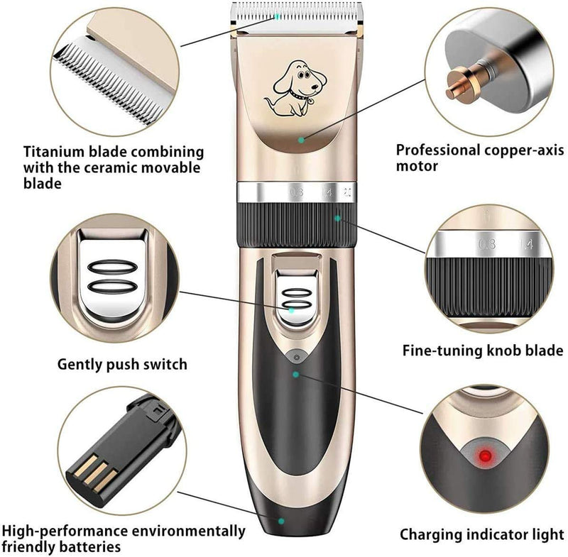 Maxshop Dog Grooming Kit, Low Noise Rechargeable Dogs Shaver Clippers Electric Quiet Dog Hair Trimmer for Dogs and Cats with Comb Guides Scissors Gold - PawsPlanet Australia