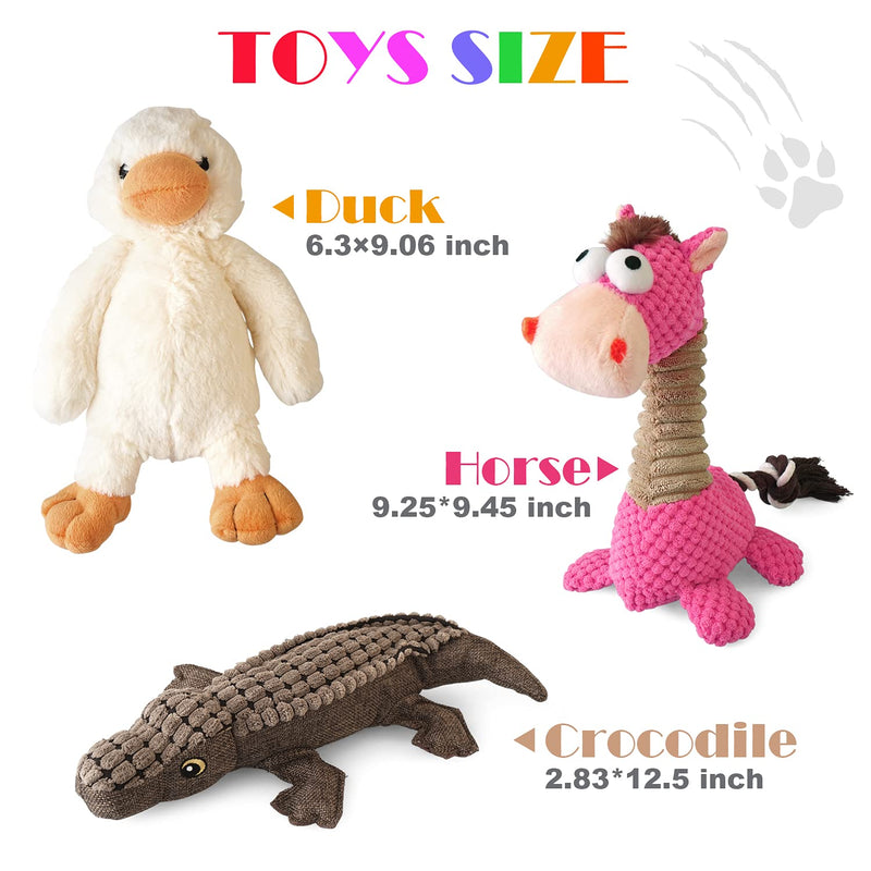 KONKY Squeaky Dog Toys Set, 3 Packs Durable Dog Plush Toy Chew Toys Dog Companion, Various Animals Shapes Training Toy for Puppy Small Medium Large Dogs (Duck, Horse and Crocodile) - PawsPlanet Australia