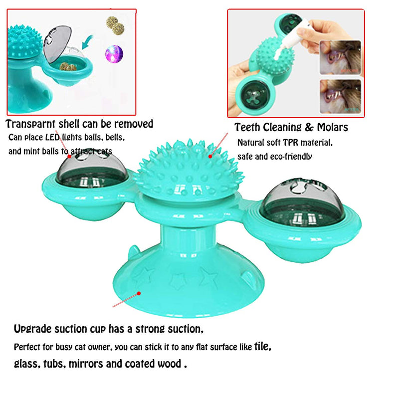 [Australia] - HH HHAO SPORT Windmill Cat Toy Turntable Cat Spinning Toy Teasing Interactive Cats Suction Cup Toy Indoor Cat Spinner Aggressive Kitty Toy Massage/Tickling Ball with Glowing Ball and Catnip Blue 