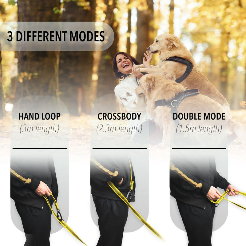 bluzelle Strong dog leash 3 m for large dogs up to 100 kg, extra robust 360° aluminum carabiner hook, rubberized double leash for 2 dogs, adjustable hands-free leash for hanging around the neck, color: yellow - PawsPlanet Australia