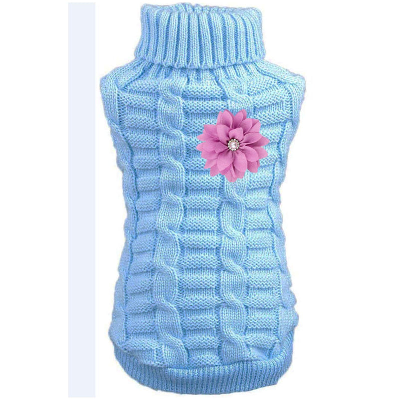 Aillion Cat Dog Sweater for Cats and Small Dogs, Warm Soft Cat Dog Turtleneck Braid Plait Knitwear with Fabric Flower Clip Decor XS Blue - PawsPlanet Australia