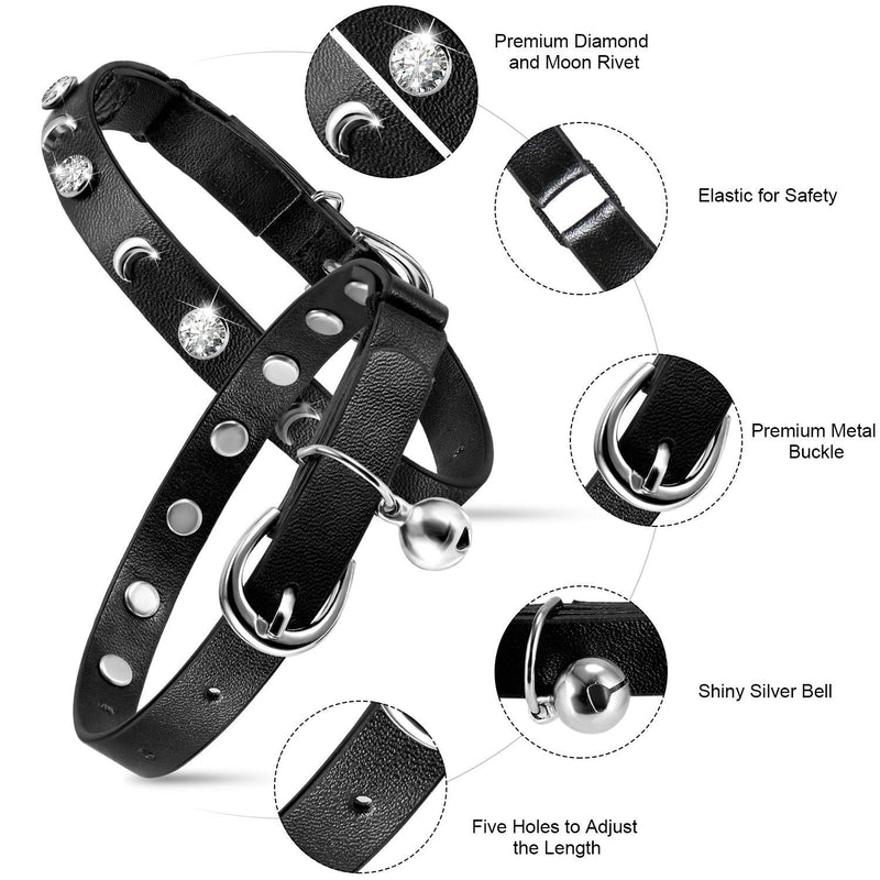 Joansan Adjustable Cat Collars Bell and Rhinestone, Basic Classic Black Leather, Safety Pet Cats Collar with Elastic, Length 7-10 Inch Fit for Cats, Kitten and Puppy - PawsPlanet Australia