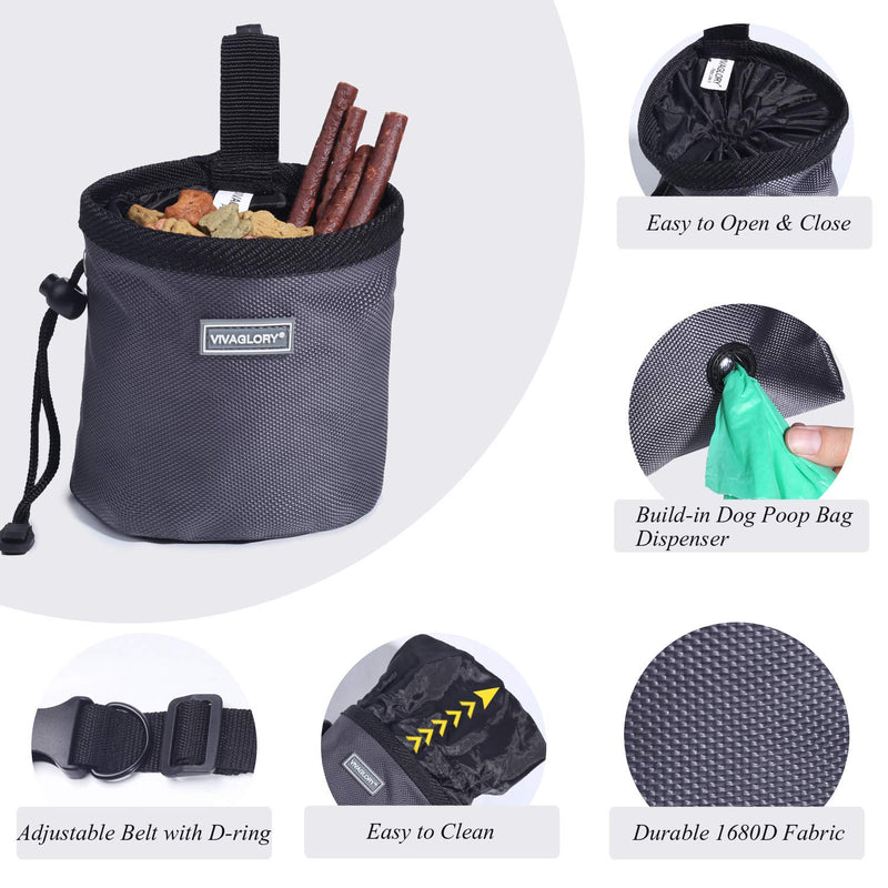 [Australia] - Vivaglory Dog Treat Bag, Hands-Free Puppy Training Pouch with Adjustable Waistband and Built-in Dog Waste Bag Dispenser, 2 Ways to Wear Basic Grey 