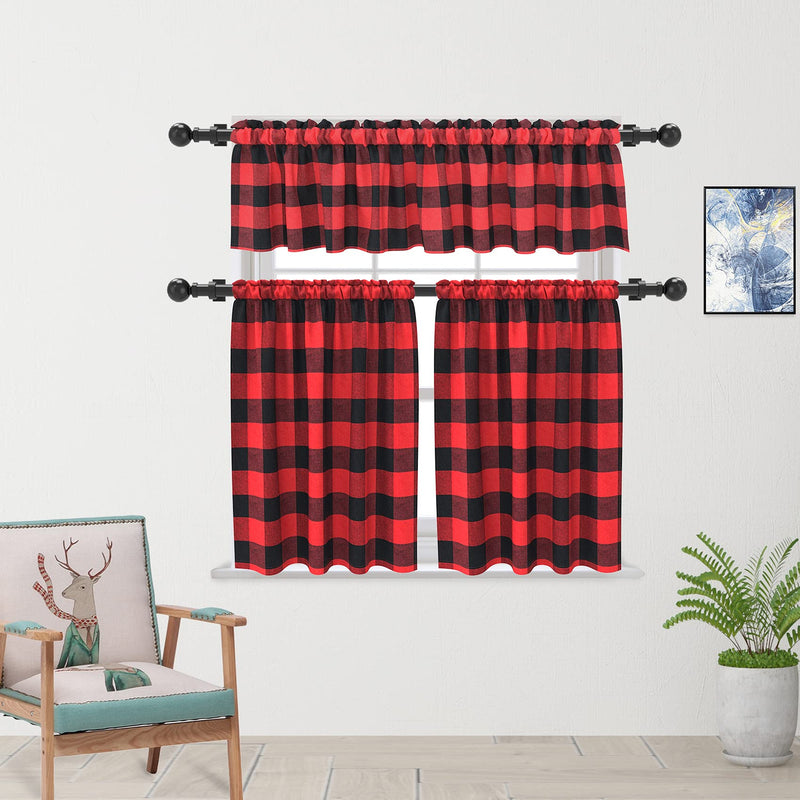 UPOPO Short Cafe Curtains 24 Inch Length Buffalo Plaid Gingham Pattern Rod Pocket Window Curtains for Kitchen Bathroom Living Room Red Black 27"W x 24"L Red+black - PawsPlanet Australia