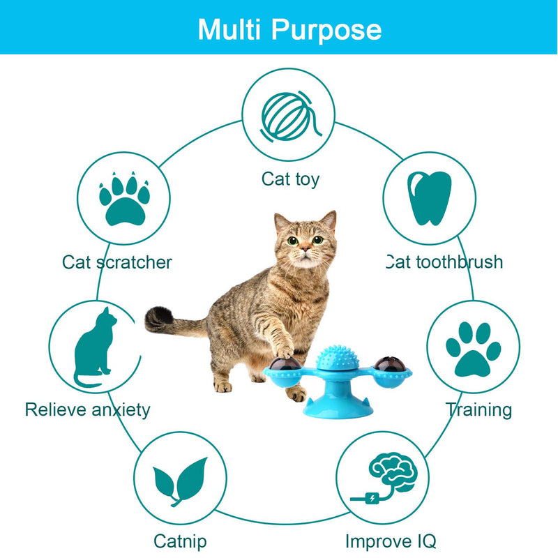 Exboard Windmill Cat Toys, Turntable Interactive Cat Toy with Suction Cup Brush for Cat Tooth Cleaning Scratching,Wall Mount Cat Spinner with Rotatable Toy ball (Blue) - PawsPlanet Australia