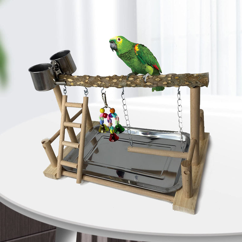 kathson Parrots Playground Bird Perch Wood Playstand Stand with Ladder Swing Feeder Cups Chew Toy for Parakeet Conure Cockatiel Budgie Lovebird Finch Small Birds prickly ash wood - PawsPlanet Australia