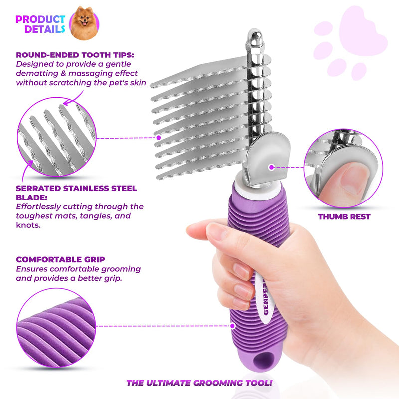 GENPEPADO Dematting Undercoat Rake Comb for Dogs & Cats with Long 2.5-In Stainless Steel Safety Blades for Removing Knots, Mats & Tangles - Pet Grooming Deshedding Brush Tool with Anti-Slip Grip purple rake - PawsPlanet Australia