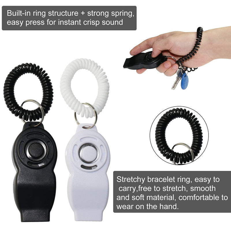 BESUNTEK Dog Training Clicker, 2 in 1 Pet Training Whistle and Clicker Pet Training Tools with Wrist Bands Strap for Dog Puppy Cat,2pack Black + White - PawsPlanet Australia
