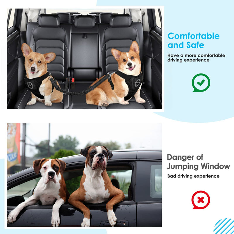 SlowTon Double Dog Car Seat Belt, Dual Dog Seatbelt Vehicle Safety Leash Adjustable with Shock Absorbing Bungee, Reflective Two Dog Lead Splitter Coupler for Pet Car Trip Travel Black - PawsPlanet Australia