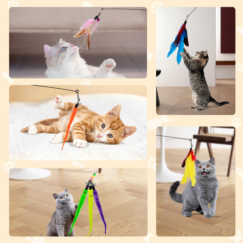Baguuaray Pack of 13 interactive feather toys for cats with 2 interactive cat sticks, 1 suction cups, 10 cat fishing rod replacement feathers with pendant feather and bell intelligence toy - PawsPlanet Australia