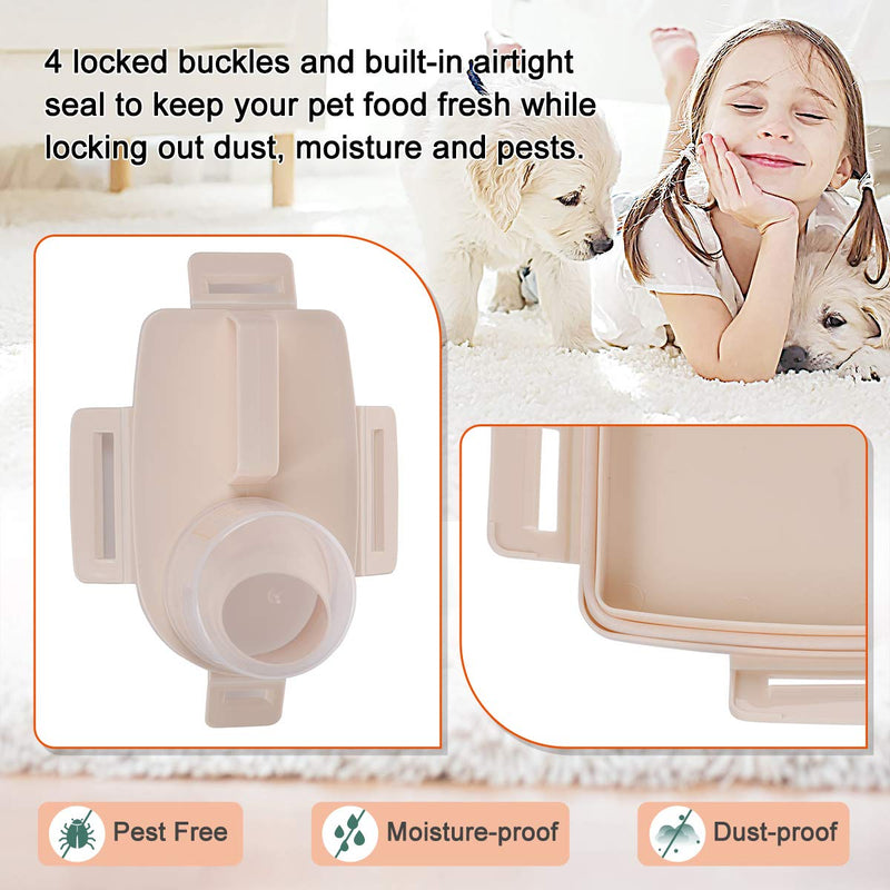 Yicostar Pet Food Storage Container, Airtight Small Dog Food Container Cat Food Container with Measuring Cup, Upgraded Large Pour Spout and 4 Seal Buckles Food Dispenser for Pets Food and Birds Seed Beige - PawsPlanet Australia