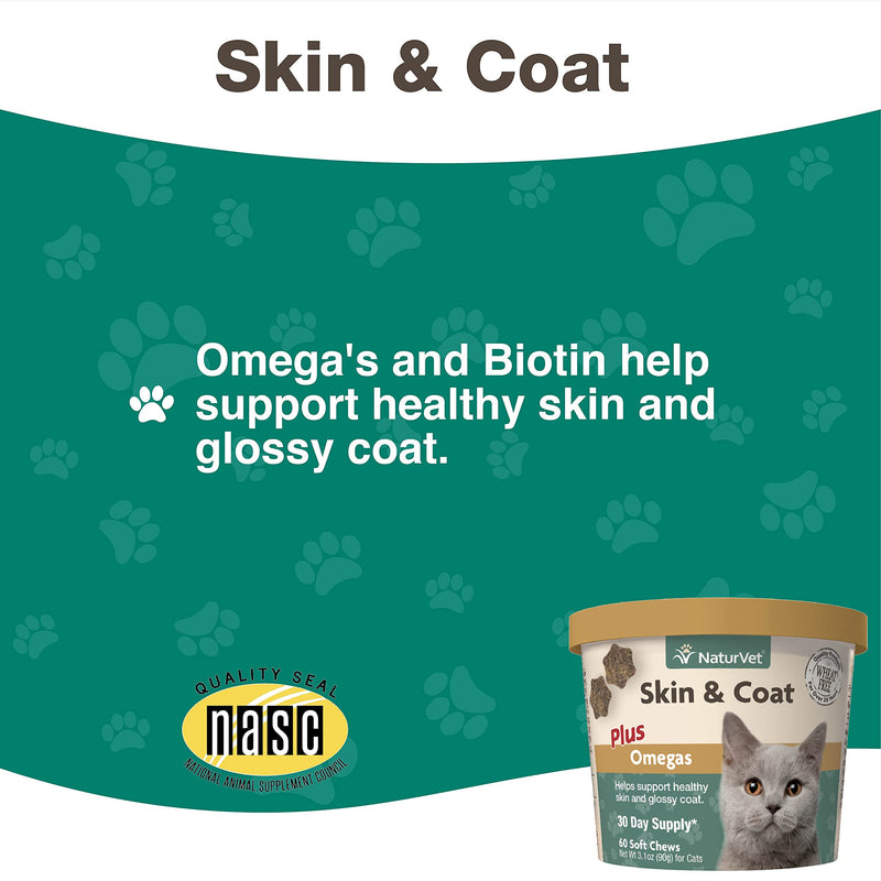 NaturVet – Skin & Coat Plus Omegas For Cats – 60 Soft Chews – Supports Healthy Skin & Glossy Coat – Enhanced with Omega-3, Omega-6 & Biotin – 30 Day Supply 60 Count (Pack of 1) - PawsPlanet Australia